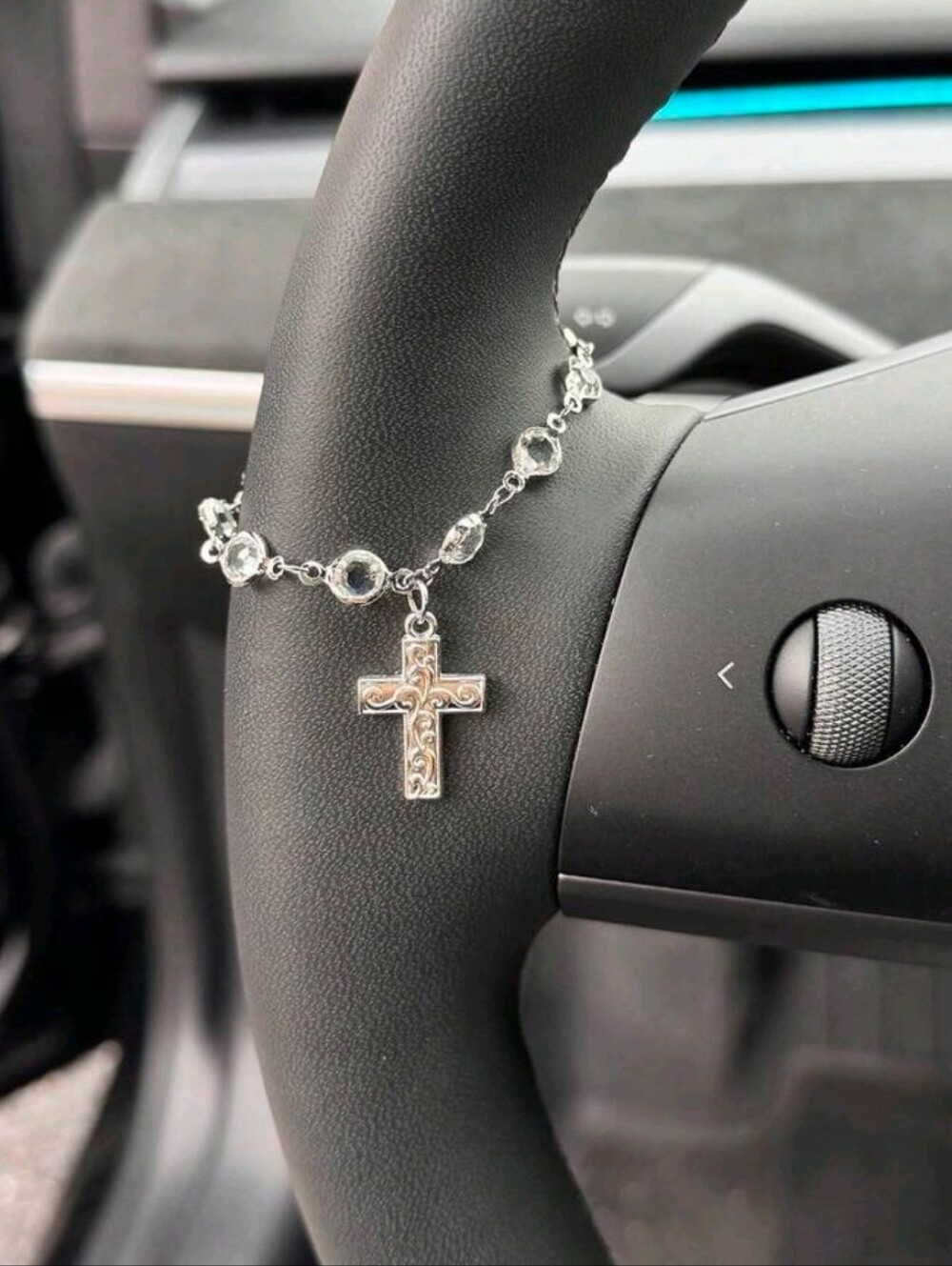 Silver Cross Rosary For Steering Wheel